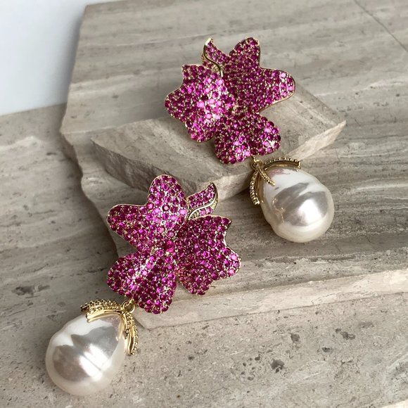 NEW ~ Anthropologie Made by Maddie Pink Travona Floral Pave Crystal & Pearl E… - Picture 9 of 16